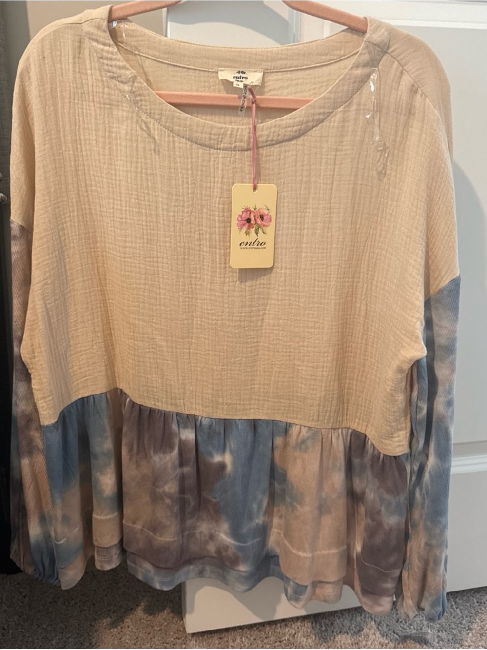 entro Beige and Blue Tie-Dye Peplum Blouse